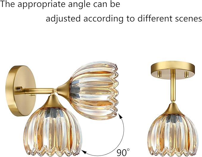 2 Pack 1 Light Vintage Wall Sconces Tulip Amber Glass Lampshade Hradwired Modern Gold Wall Lighting Fixture for Bedside Bedroom Doorway