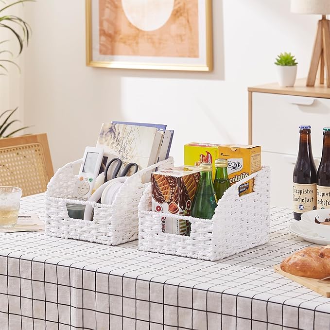 OIAHOMY Pantry Baskets for Organizing, Paper Rope Baskets with Built-in Handles, Wicker Storage Bints for Shelves, 2 Pack-White