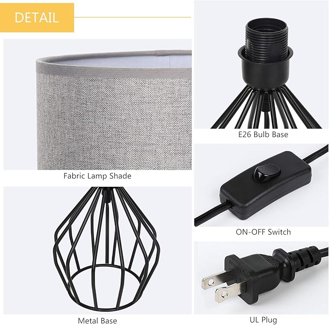 HAITRAL Farmhouse Table Lamp - Small Nightstand Lamp for Bedroom, Black Metal Cage Table Lamp for Living Room, Dorm, Office with Hollowed Out Base, Gray