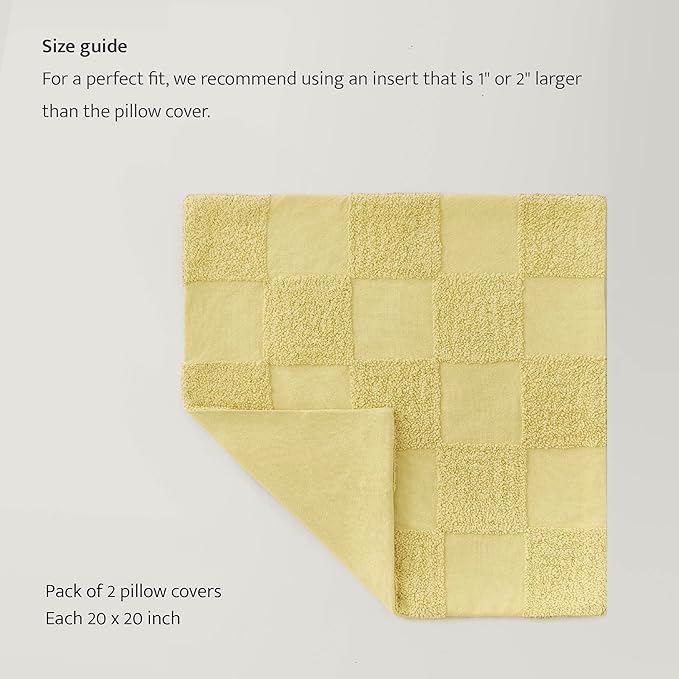 Double Stitch Checkered Throw Pillow Covers - 100% Cotton Set of 2 Tufted Boho Decorative Pillow Covers 20x20, Made in India, Square Cushion Case, Modern Home Decor for Couch, Sofa, Lemon Yellow