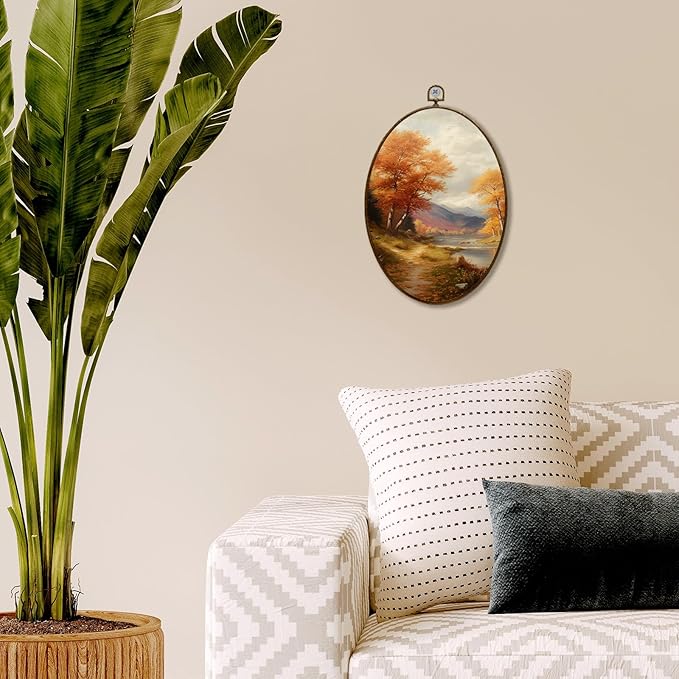 JQF Vintage Fall Oval Wall Art, Rustic Autumn Mountain Landscape Forest Oval Canvas Wall Art, Retro Moody Fall Framed Prints Hanging Decor for Home Bedroom Living Room, 8.5x11.5 Inch