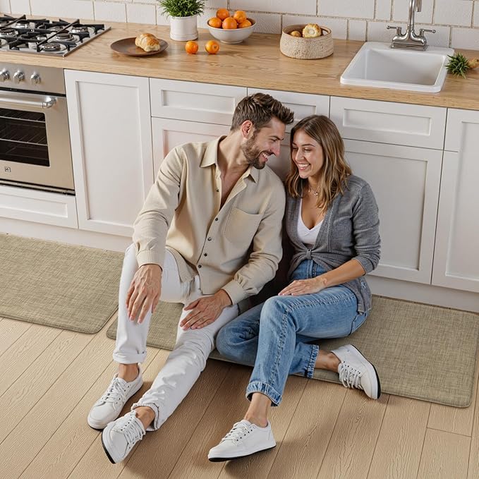 KIMODE Kitchen Mat for Floor Anti Fatigue, 20"x47"+20"x32" Farmhouse Kitchen Rugs Sets of 2, Cushioned Kitchen Floor Mat, Comfort Textilene Standing Mat for Laundry Office Sink Desk Light Brown