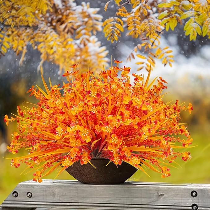 12 Bundles Artificial Fall Flowers for Outdoors Fake Plants UV Resistant Plastic Plants Shrubs Bushes for Home Fall Front Door Porch Garden Autumn Decor (Fall Orange)