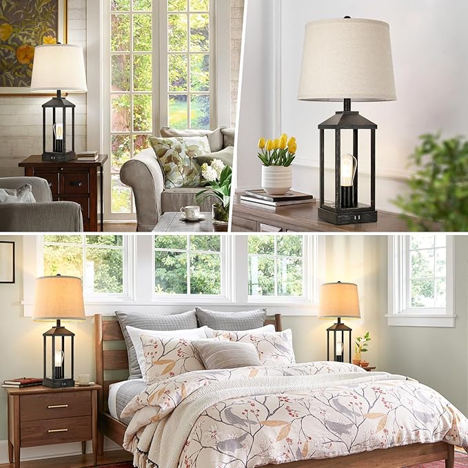 Brightever 28" Farmhouse Table Lamps Set of 2, Black Bedside lamp with USB Charging Ports, 3-Way Dimmable Touch Control Nightstand Lamps,Tall Table Lamp for Living Room, 4 Bulbs Included