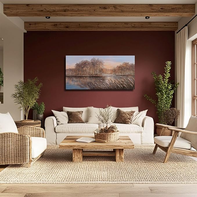 Fall Wall Art Forest Painting Lake Landscape Wall Decor for Living Room Office Contemporary Artwork 24x48 Inch Blue and Gold Posters