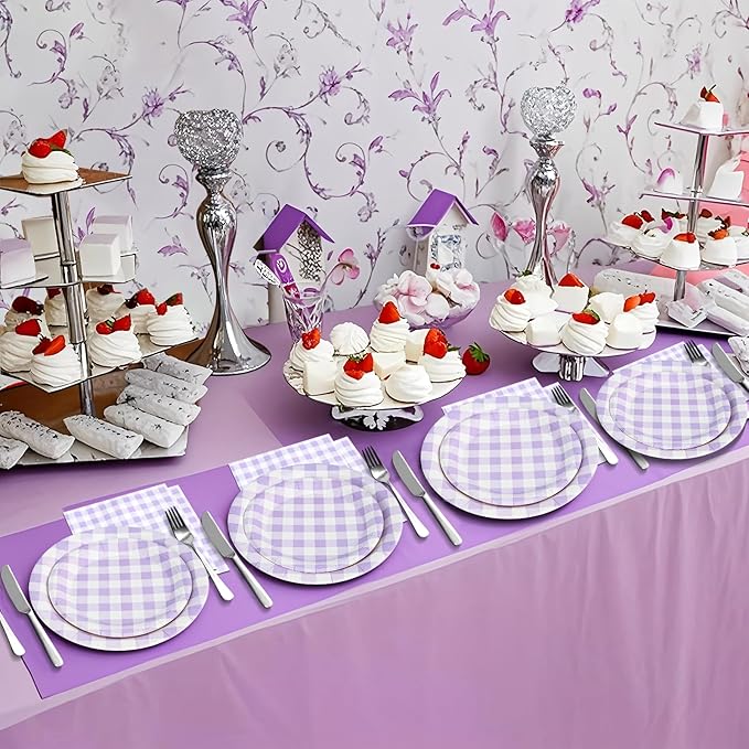 180Pcs Purple Gingham Party Supplies Paper Plates and Napkins Serve 60 Disposable Tableware Set for Birthday Party Decorations Game Day Family School Holiday Sports Events