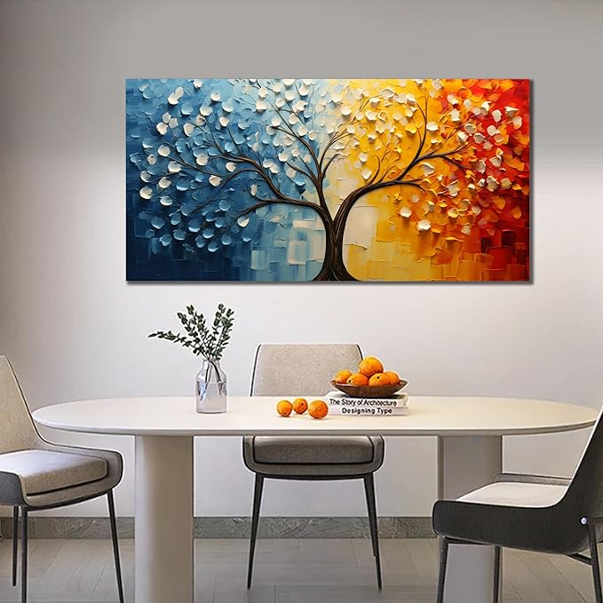 Colorful Tree of Life Wall Art for Living Room Blue and Orange Tree Picture Large Artwork Office Bedroom Canvas Prints Size 24x48