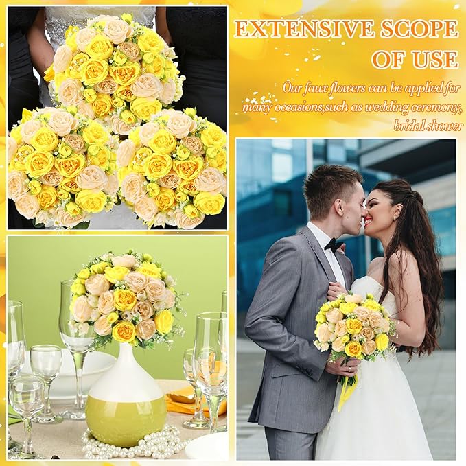 Geosar 16 Bundles Artificial Peonies Flowers Fake Silk Peony Bouquet Faux Peonies Flowers Bulk for Decoration Vase Florals Arrangements Wedding Party Table (Yellow,Champagne)