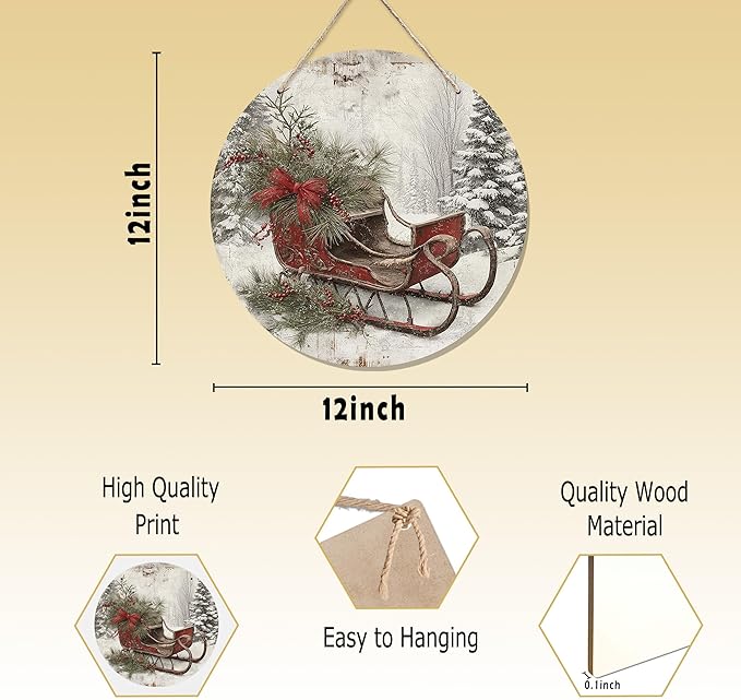 CGBHW Christmas Winter Sleigh Wooden Sign, Vintage Farmhouse Country Cozy Winter Xmas Hanging Sign Wall Decor for Home Bedroom Living Room, Holiday Snowy Door Decor 12 x 6 Inch