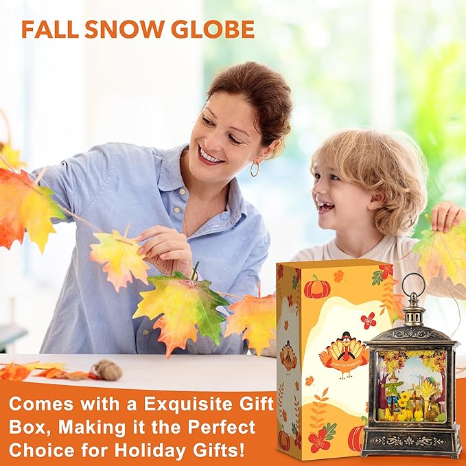 12.5'' Fall Snow Globe Lantern - Thanksgiving Glittering Lighted Lantern, Fall Decorations Autumn Harvest Day Gifts, Home Fall Halloween Decor (Scarecrow &Turkey)