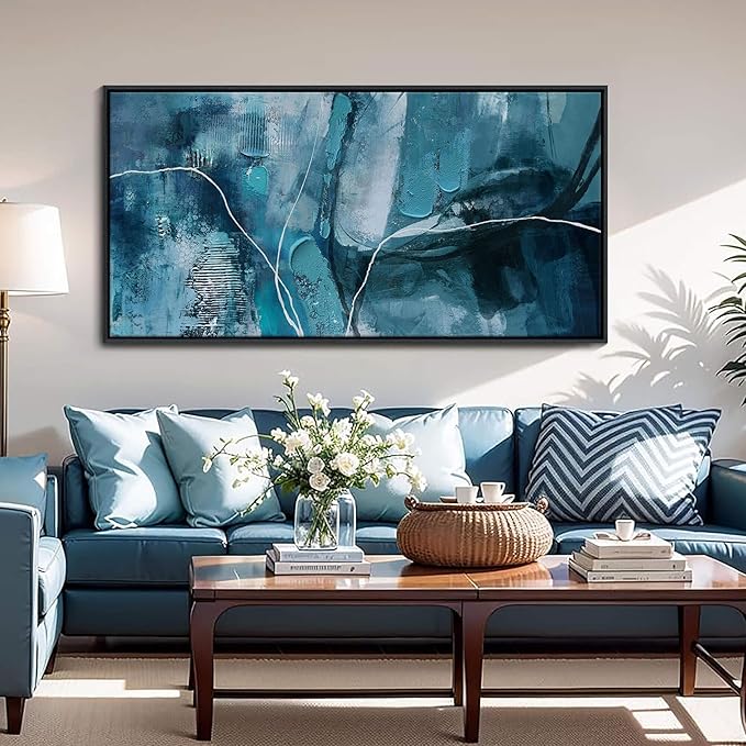 Abstract Canvas Wall Art -Blue-Green and Fan Art Large Wall Decor for Living Room Bedroom Decoration Framed Teal Pictures Artwork for Walls Size 29x58Inches