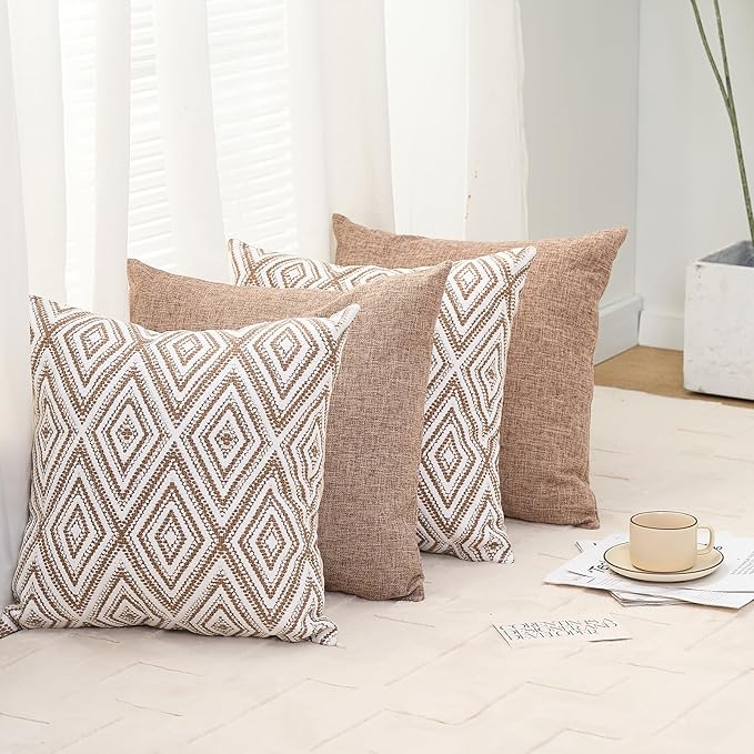 HPUK Decorative Throw Pillow Covers Set of 4 Couch Pillows Linen Cushion Cover for Couch Sofa Living Room, 18"x18" inches, Light Brown