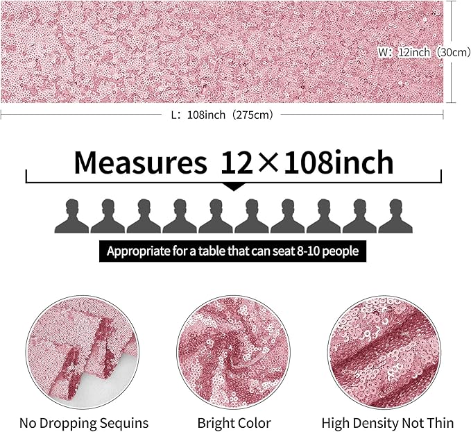 10 Packs 12 x 108 inches Rose Pink Sequin Table Runner, Glitter Pink Table Runner for Wedding Birthday Bachelorette Holiday Party Supplies Decorations Bridal Shower Baby Shower