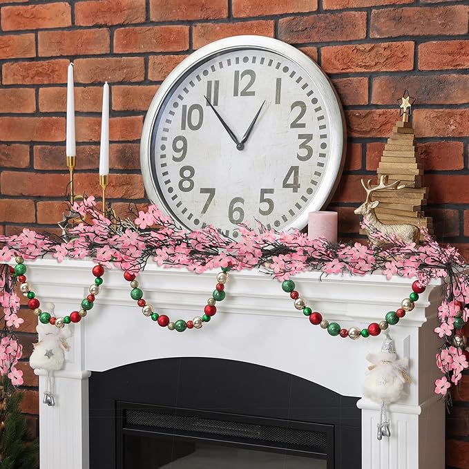 Zeyune 1 Pcs 6ft Long Christmas Witch and Princess Artificial Garland Pink and Green Peach Blossom with Dead Branches Garlands Decor for Front Door Kitchen Fireplace Home Indoor Outdoor