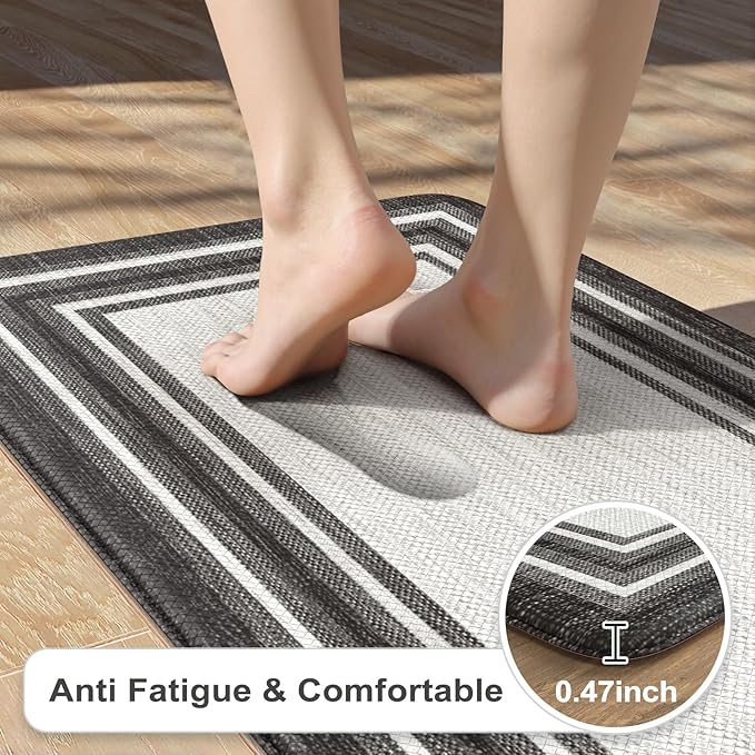 KIMODE Anti Fatigue Kitchen Mats,Non Slip Farmhouse Kitchen Rugs Sets 2 Piece,Waterproof Kitchen Mat for Floor,Cushioned Standing Mat for Office,Laundry,Sink,Desk,Black and Grey