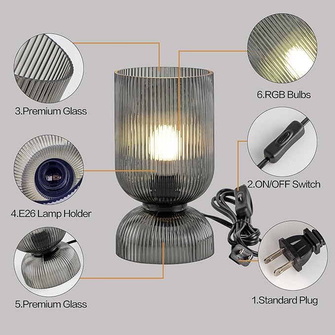 Modern RGB Glass Table Lamp with Remote,Color Changing Bedside Lamp with Ribbed Glass Shade, 16 Colors, On/Off Cord Switch, Nightstand Lamp for Bedroom, Living Room, Office, Bulb Included