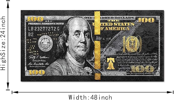 100 Money Wall Art Black Gold Dollars Bill Canvas Paintings Posters and Posters Inspirational Wall Pictures for Bathroom Guest Room Game Room Wall Hang Large Size Wooden Framed Art Print-48 Wx24 H