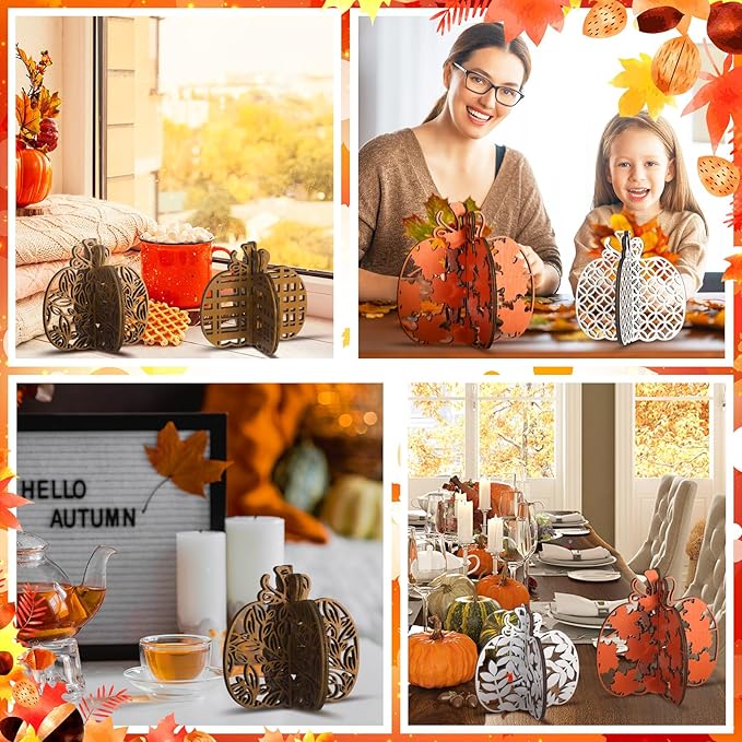 Soaoo 12 Pcs Fall Wooden Table Signs Pumpkin Wood Decoration Thanksgiving Tiered Tray Decor Thanksgiving Table Centerpieces Block Sign Farmhouse Decorations for Home Party