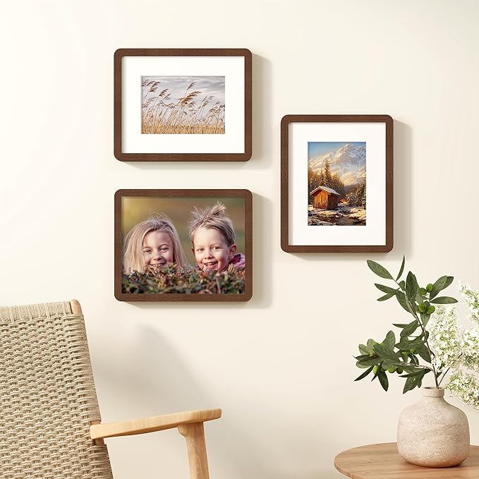 8x10 Picture Frame, Rustic 8 by 10 Photo Frame for Wall & Tabletop Display - Solid Oak Wood & Tempered Glass, 8x10 Picture Frame Matted to 5x7, Wood Collage Frames for Home, Walnut Color, 1 Pack