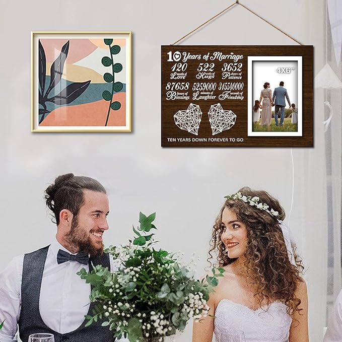 10 Year Anniversary for Him Her - 10th Year Wedding Marriage Husband and Wife Picture Frame 4x6 Inches - 120 Months Couple Bedroom Decor with Photo