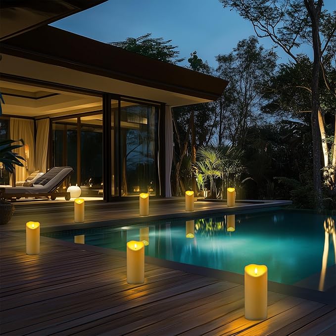 Homemory 4"x9" Outdoor Waterproof Flameless Candles with Timers and Remote Control, Battery Operated Candles, LED Plastic Candles, Ivory White, Set of 2