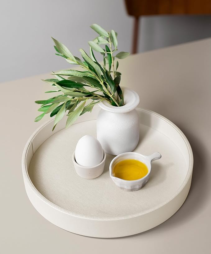 12.6 Inch Round Serving Tray, Home Decorative LeatherOttoman Wooden Decor Platter Bathroom Vanity Tray for All Occasions Anti Slip White