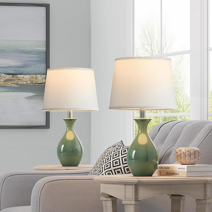 PARTPHONER Table Lamp Set of 2, Modern Ceramic Bedside Lamps for Night Stands, Classic Small Lamp Nightstand Lamp for Bedroom Living Room Desk End Table Rocker Swtich Sage Green