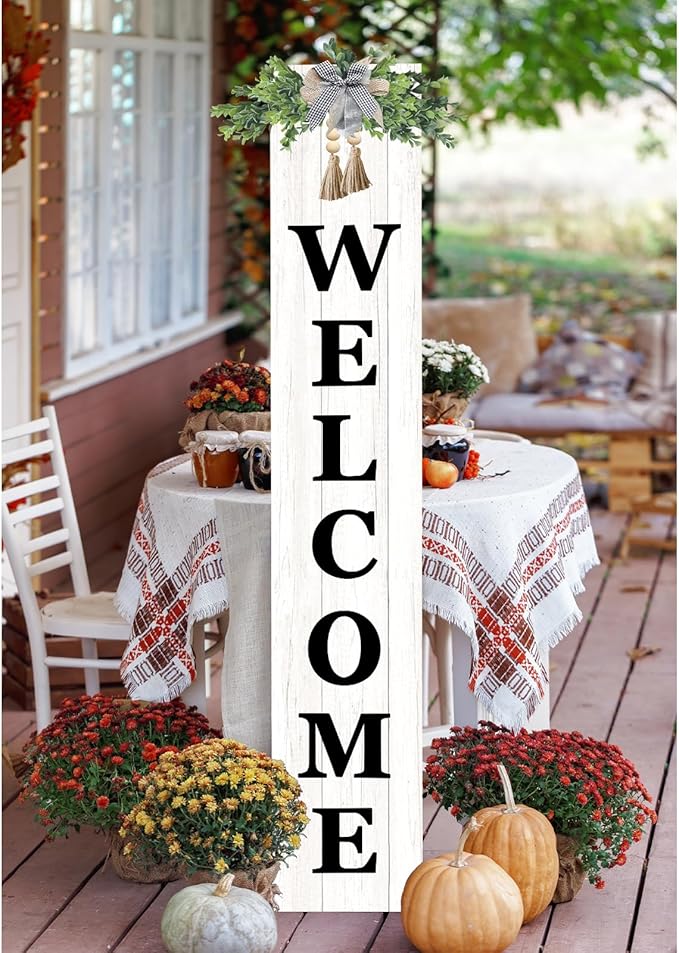 Outdoor Welcome Sign for Front Door Standing 47"X8" Large Farmhouse Wood Framed Tall Leaner Vertical Decor Rustic Home Outside Welcome Sign for Front Porch Decoration (White)