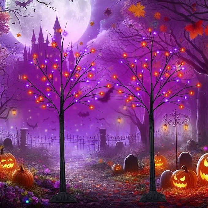 2Pack 4FT 100LED Black Halloween Tree with Lights, Timer Function with Higher Size Black Tree with Purple and Orange Lights, Spooky Light up Trees for Indoor Outdoor Party Garden Halloween Decorations