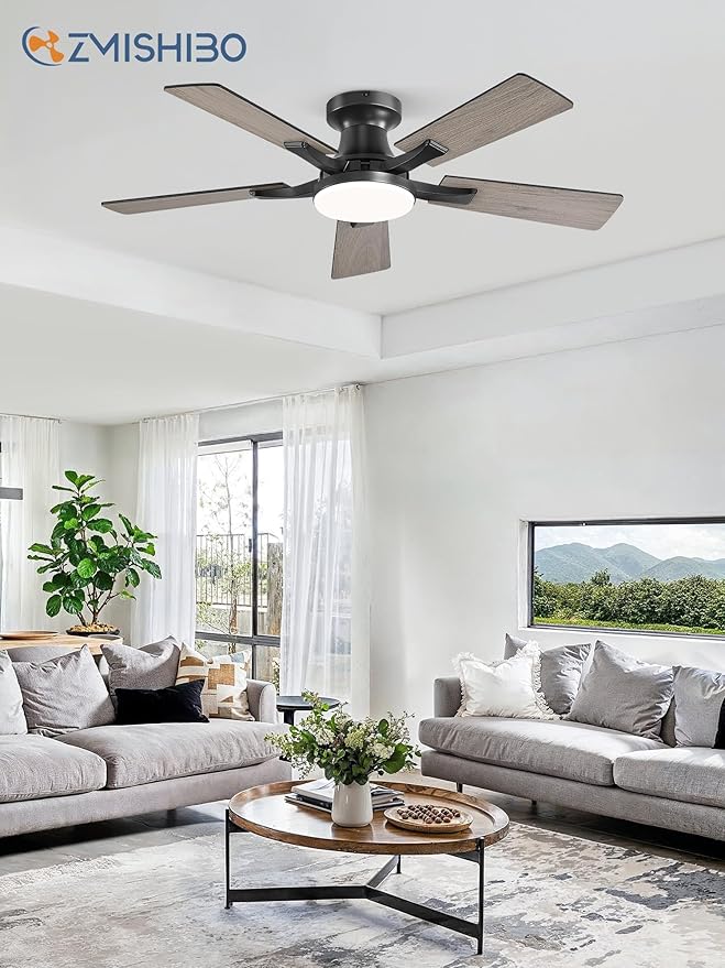 ZMISHIBO 42 Inch Ceiling Fan with Light, App&Remote Control, Flush Mount Low Profile, Dimmable 20W LED Light, Quiet Reversible Motor for Bedroom, Living Room, Apartment, Black