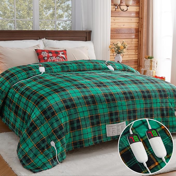 Heated Electric Blanket Queen Size, 84X90 Christmas Blanket With Dual Control&10 Heats Levels&Timer For Bed,Green Plaid Sherpa Heating Blankets Queen Warmer Gift for Grandma Women Adults, Washable,ETL