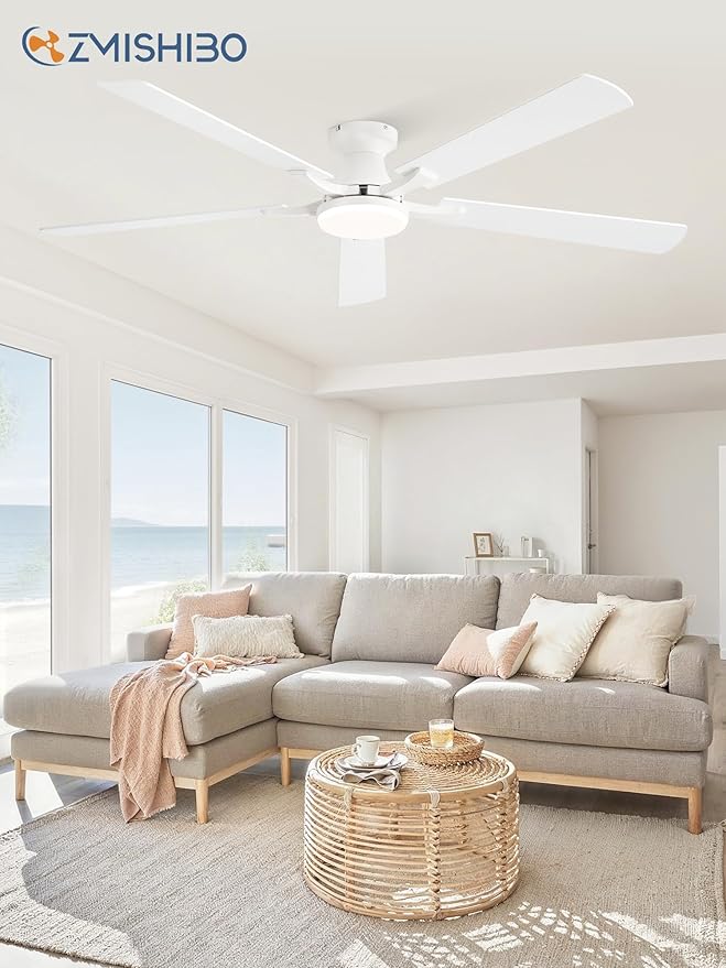 ZMISHIBO 60 Inch Ceiling Fan with Light, App&Remote Control, Flush Mount Low Profile, Dimmable 20W LED Light, Quiet Reversible Motor for Bedroom, Living Room, Apartment, White