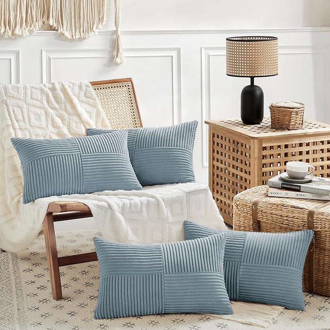 Fancy Homi Set of 4 Light Blue Lumbar Decorative Throw Pillow Covers 12x20 Inch for Living Room Bedroom Couch Bed Sofa, Soft Striped Corduroy Coastal Blue Rectangle Accent Cushion Case 30x50 cm