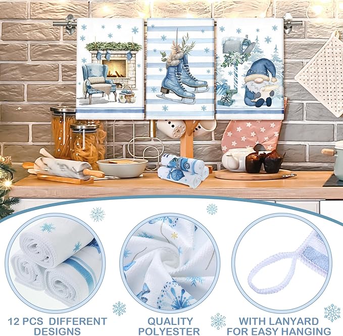 12 Pcs Christmas Kitchen Towels and Dishcloths Absorbent Christmas Tree Reindeer Truck Hand Dish Towels Decoration for Xmas Home Gift Supplies, 14.2 x 21.3 Inch(Novel Style)