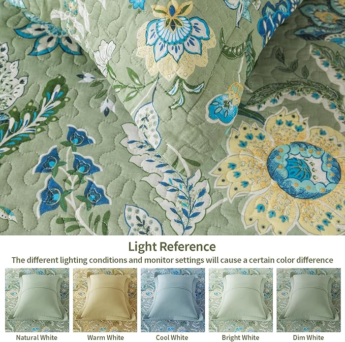 VAPUTAR Queen Quilt Bedding Set - Cotton Bedspreads Queen Size (90 x 98 inch) with Floral Pattern, Farmhouse Lightweight Queen Size Quilt Suitable for All Season(3 Pieces, Olive Green)