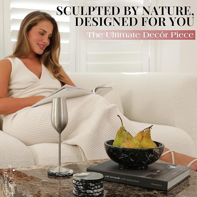 Gusto Nostro 8" Luxury Black Marble Decorative Bowl for Coffee Table - Elegant Modern Fruit Bowl for Kitchen Counter - Heavy Stone Entryway Catch all for Keys, Jewelry, Potpourri Holder Centerpiece