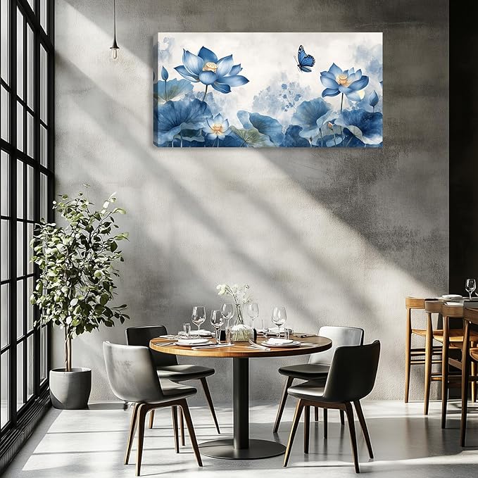 Zen Canvas Wall Art Large Blue Lotus Aesthetic Pictures Wall Decor for Yoga Meditation Room Bedroom Living Room Office Decor Poster Prints Painting Framed Artwork 60L x 30W