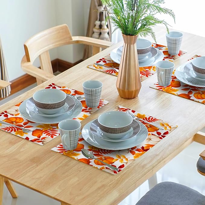 Fall Placemats 12×18 Inches Set of 4 Watercolor Pumpkin Autumn Leaves Indoor Kitchen Dining Table Place Mats for Home Party Decoration