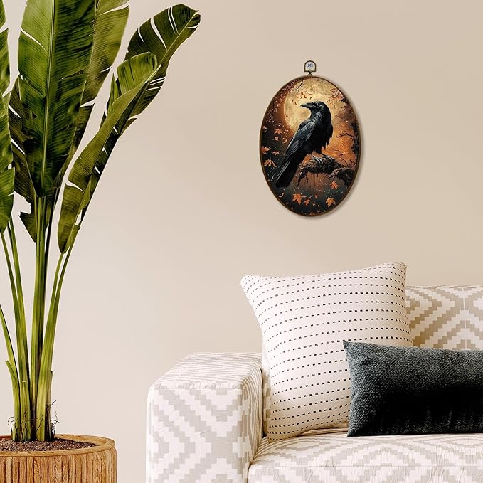 JQF Crow Decor, Fall Gothic Raven Oval Wall Art, Vintage Rustic Fall Crow Oval Canvas Wall Art, Dark Cottagecore Gothic Autumn Raven Framed Prints Hanging Decor for Home Bedroom Living Room, 8.5x11.5 Inch