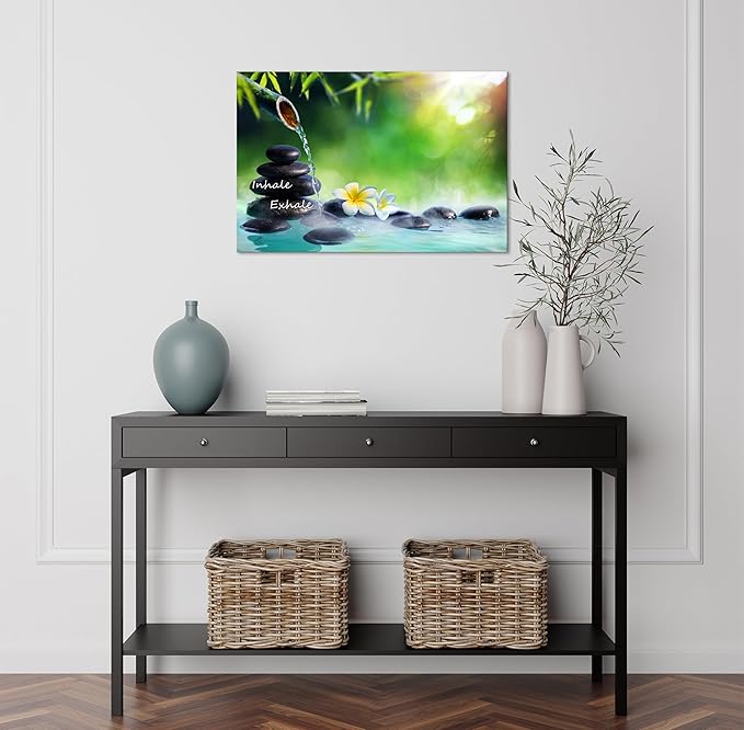 YIOZHAOFH Spa Canvas Print Art Nature Zen Painting Relaxing Bathroom Wall Art Decor White Lotus Pictures Framed Artwork Inhale Exhale Poster Office Decor for Spa Room Bedroom (12L x 16W)