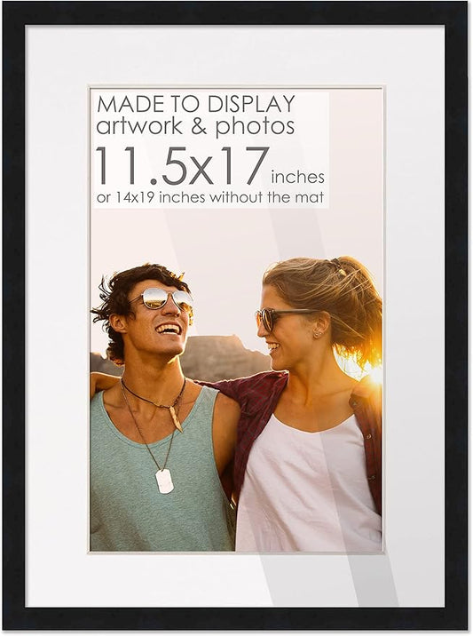 11.5x17 Frame Black Wood with White Mat | 14x19 Frame Matted to 11.5x17 | Display Your Print Under UV Acrylic Shatter Guard Front, with Foam Board Backing and Wall Hanging Hardware - Wood Frame