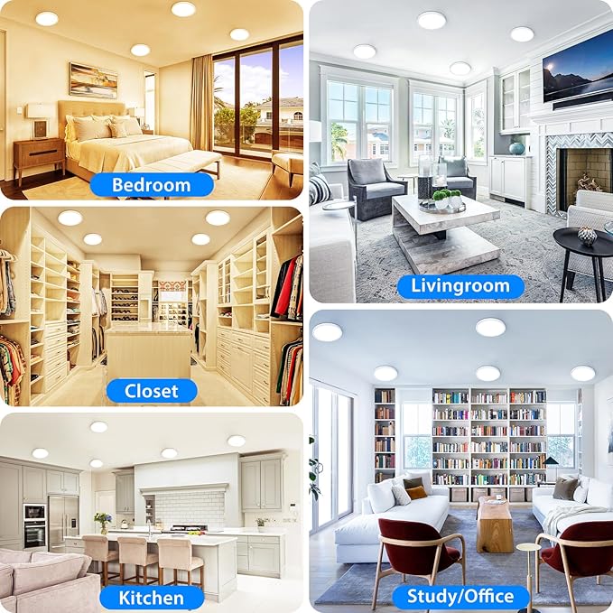 Peasur 7 inch LED Ceiling Light, 3000K/3500K/4000K/5000K/6500K Adjustable Flush Mount Light Fixture, 1500LM 15W Thin White Round Lamp for Hallway Kitchen Bathroom Bedroom, 12Pack