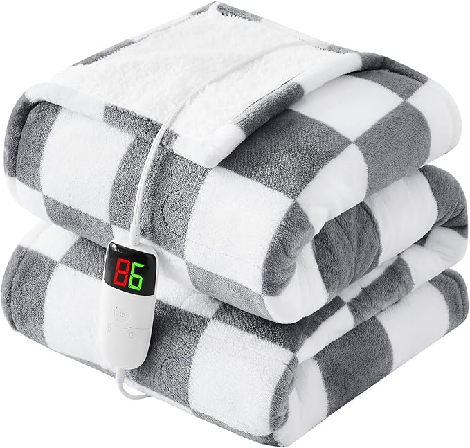 Heated Electric Blanket Twin Size, 62X84 Heating Blanket with 10 Heat Level & 8 Hours Auto Off, Light Gray Checkered Plaid Soft Fleece Sherpa Blankets Warmer Gifts for Couch Grandma Women Adults, ETL