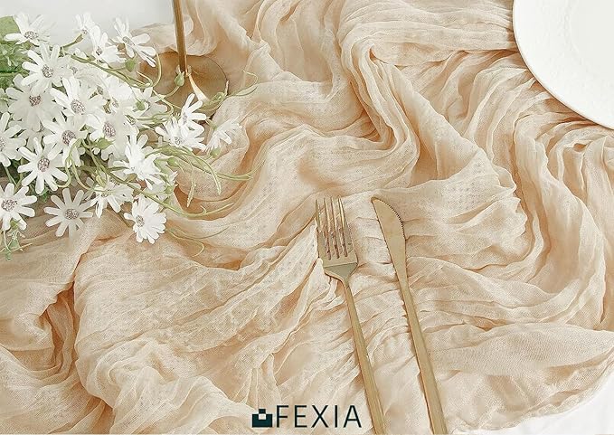 FEXIA Beige Cheesecloth Table Runner 35x120 Inches Ivory Gauze Rustic Boho Spring Easter Table Runner for Engagement Party Decorations Bridal Shower Wedding Party First Communion Centerpiece