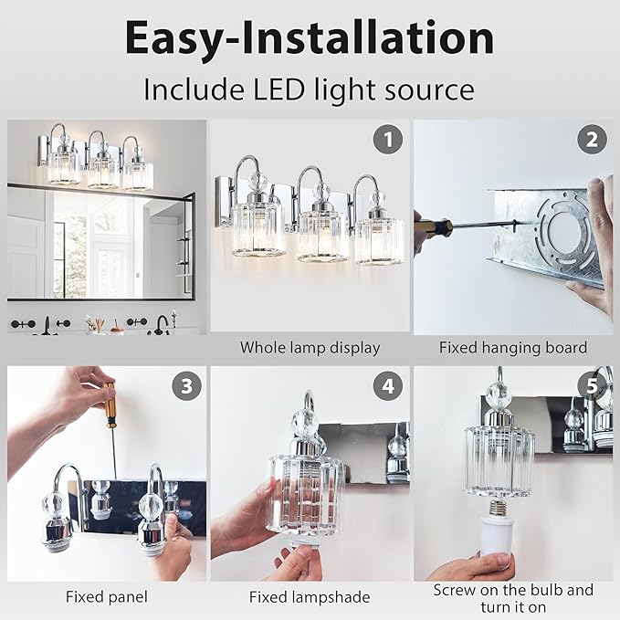 Bathroom Vanity Light Fixtures Over Mirror - Makeup Lighting Chrome - for Modern Wall, Bath, Desk, Farmhouse, Hallway 3 Crystal Lights