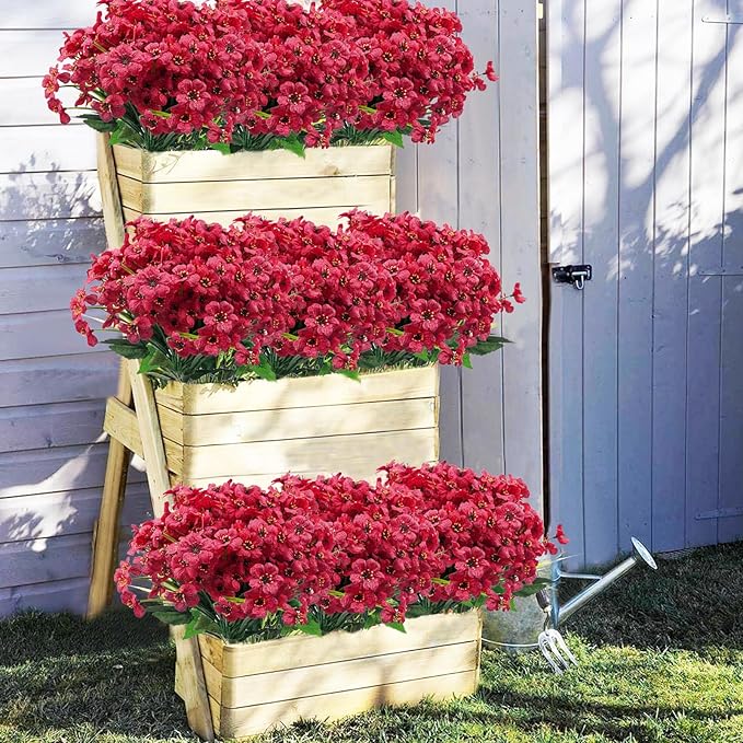 Uieke 72 Bundles Artificial Fake Flowers Outdoor UV Resistant Faux Plants Plastic Cemetery Flowers No Fade Outside Home Garden Porch Window Box Summer Décor -Rose Red