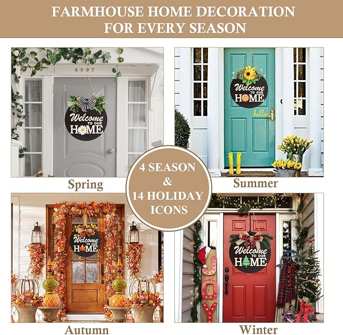 Interchangeable Welcome Sign for Front Door Decoration with 4 Seasonal Wreaths and 14 Holiday Icons, Black Welcome Door Hanger, Rustic Wooden Front Porch Sign Home décor(Black)