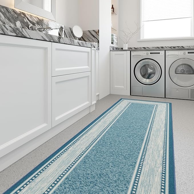 Ottomanson Hallway Runner Rug 2'7" x 9'10" Non Slip Border Area Rugs Easy to Clean Laundry Rug Runner Durable & Pet Friendly Floor Carpet Runners for Hallways Entryway Living Room Kitchen, Turquoise