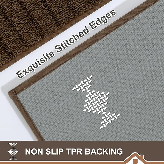 BEQHAUSE Kitchen-Rugs-Washable-Kitchen-Mats-for-Floor Non-Slip Kitchen Mats Set of 2 Absorbent Kitchen Runner Brown with TPR Backing 20x30inch/20x48inch