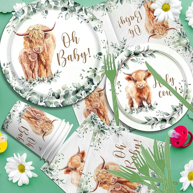 Highland Cow Birthday Decorations - 142Pcs Highland Cow Tableware Cow Plates and Napkins Western Theme Party Decorations for Birthday Baby Shower,Highland Cow Party Favors